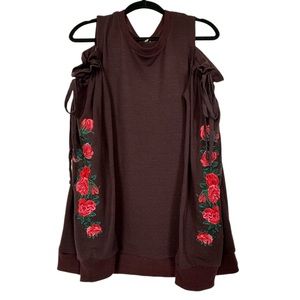 Umgee Maroon Brown Rose Embroidered Cold Shoulder Top Small